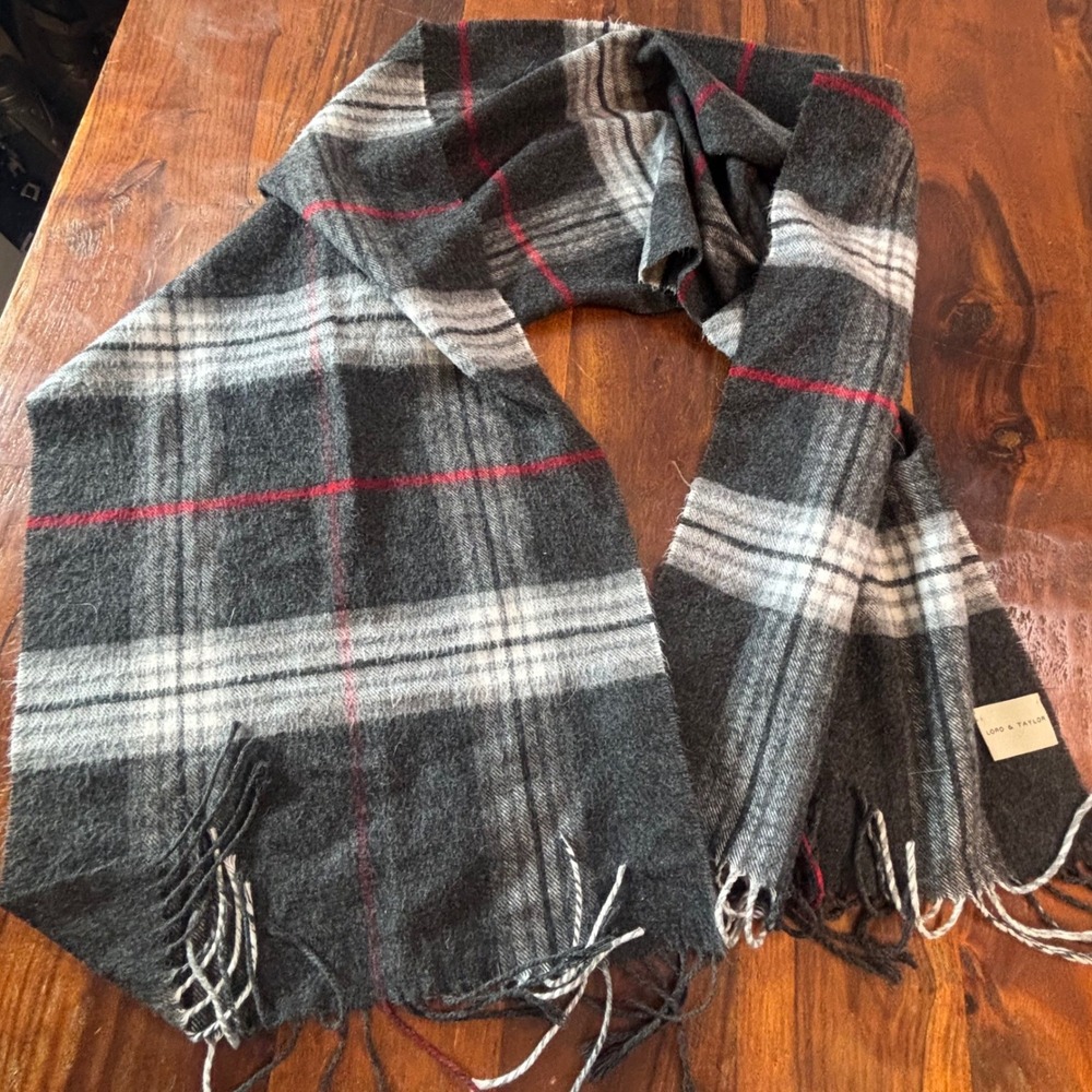 Lord & Taylor Grey Red Plaid Acrylic Scarf Made in Germany Fringed Wrap